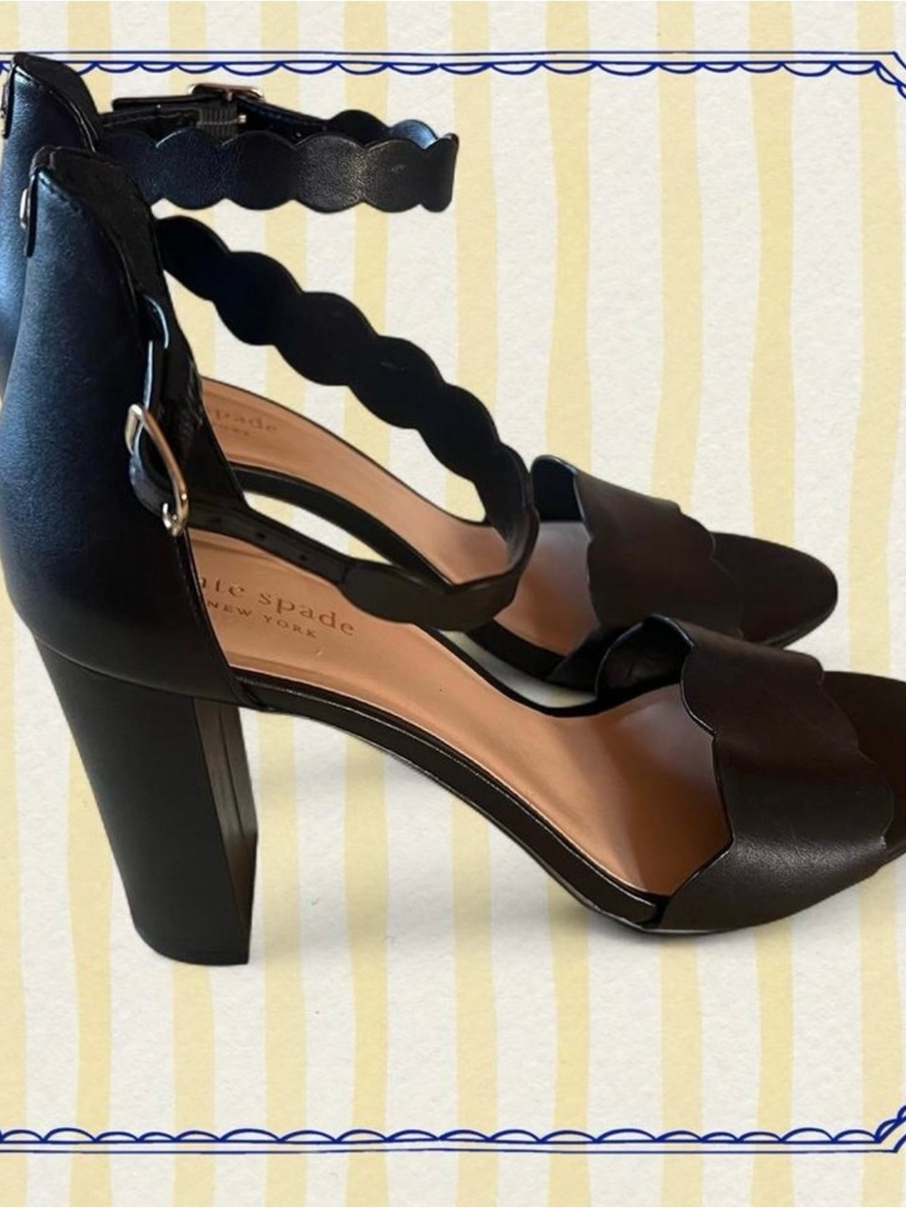 Kate Spade New York Black Leather Scallop Ankle-Strap Block Heel Sandals - Picture 4 of 6